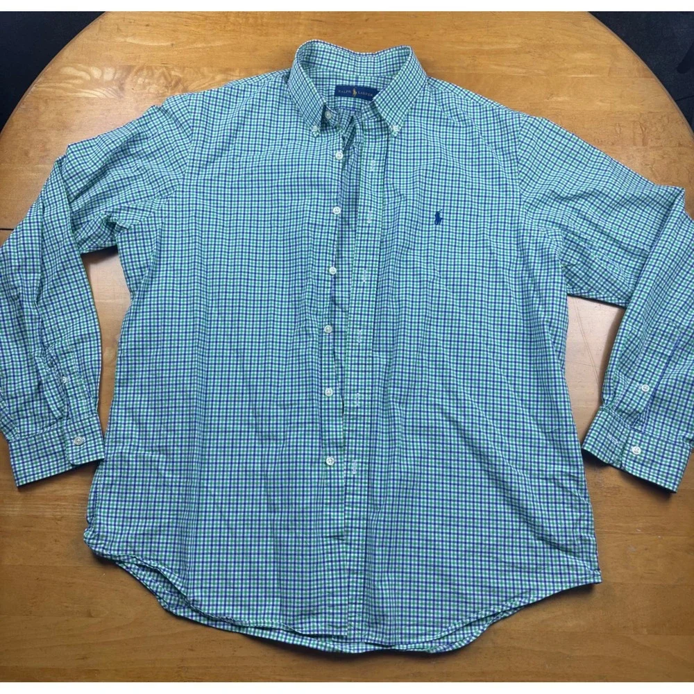 Polo Ralph Lauren Mens XL Gingham Button Down Shirt Green Blue Check Cotton Long